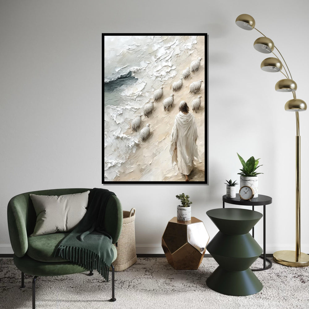 Shepherd with Sheep Canvas, Religious Art, Jesus Walking by Sea, Spiritual Wall Art, Canvas Design, Ready to Hang Decoration, Gift Art