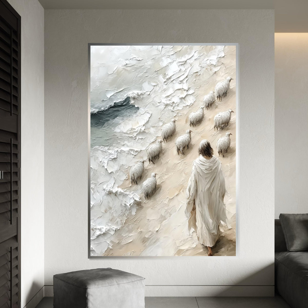 Shepherd with Sheep Canvas, Religious Art, Jesus Walking by Sea, Spiritual Wall Art, Canvas Design, Ready to Hang Decoration