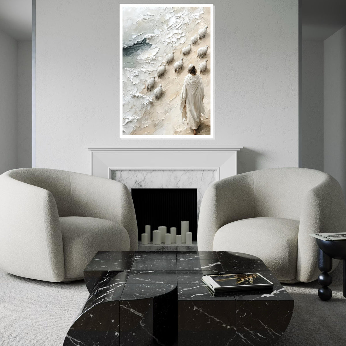 Shepherd with Sheep Canvas, Religious Art, Jesus Walking by Sea, Spiritual Wall Art, Canvas Design, Ready to Hang Decoration