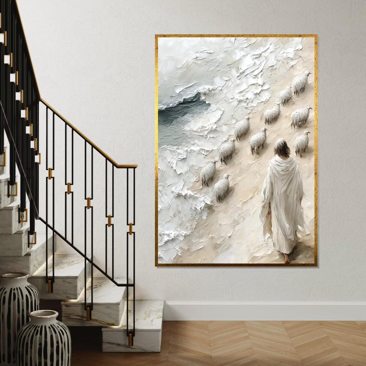 Shepherd with Sheep Canvas, Religious Art, Jesus Walking by Sea, Spiritual Wall Art, Canvas Design, Ready to Hang Decoration