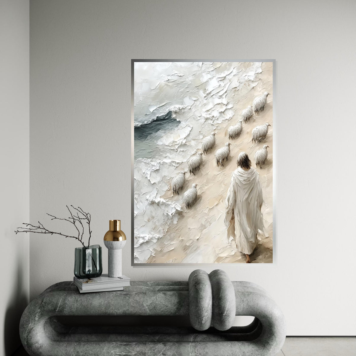 Shepherd with Sheep Canvas, Religious Art, Jesus Walking by Sea, Spiritual Wall Art, Canvas Design, Ready to Hang Decoration