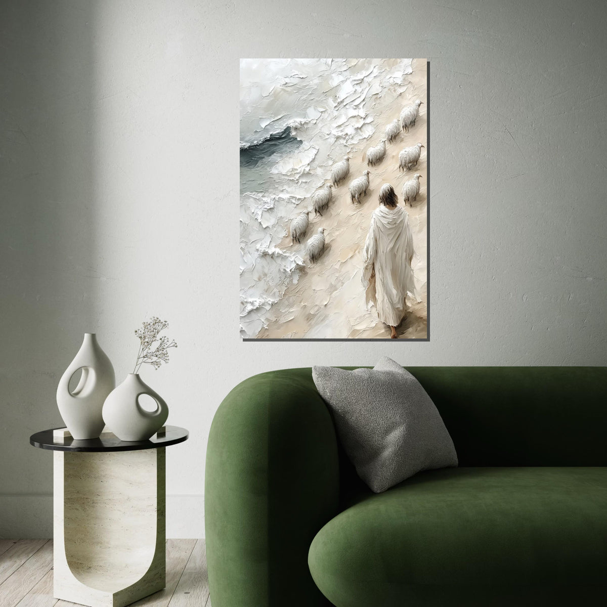 Shepherd with Sheep Canvas, Religious Art, Jesus Walking by Sea, Spiritual Wall Art, Canvas Design, Ready to Hang Decoration