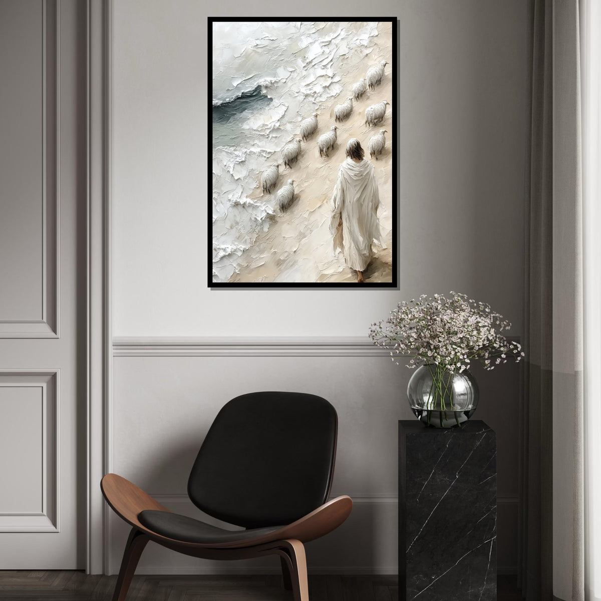 Shepherd with Sheep Canvas, Religious Art, Jesus Walking by Sea, Spiritual Wall Art, Canvas Design, Ready to Hang Decoration