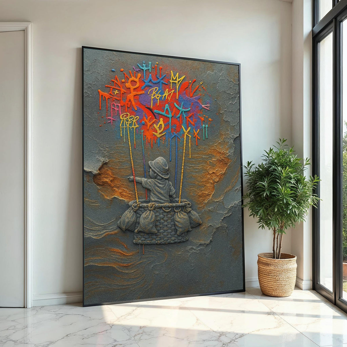 NEW STYLE, Dreamy Balloon Adventure Canvas, Child in Basket, Colorful Graffiti Art, Wall Art Canvas Design, Ready to Hang, Unique Home Decor