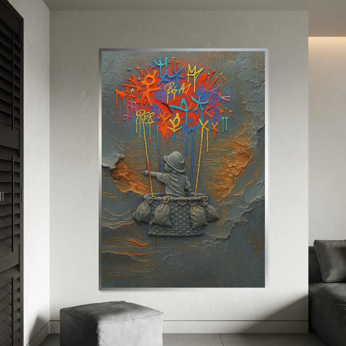 NEW STYLE, Dreamy Balloon Adventure Canvas, Child in Basket, Colorful Graffiti Art, Wall Art Canvas Design, Ready to Hang, Unique Home Decor