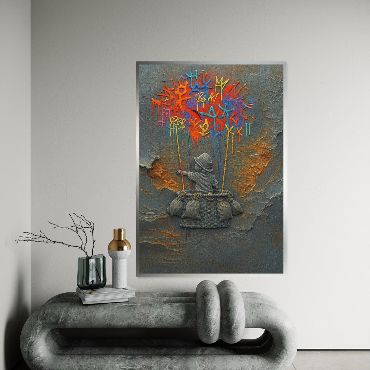 NEW STYLE, Dreamy Balloon Adventure Canvas, Child in Basket, Colorful Graffiti Art, Wall Art Canvas Design, Ready to Hang, Unique Home Decor