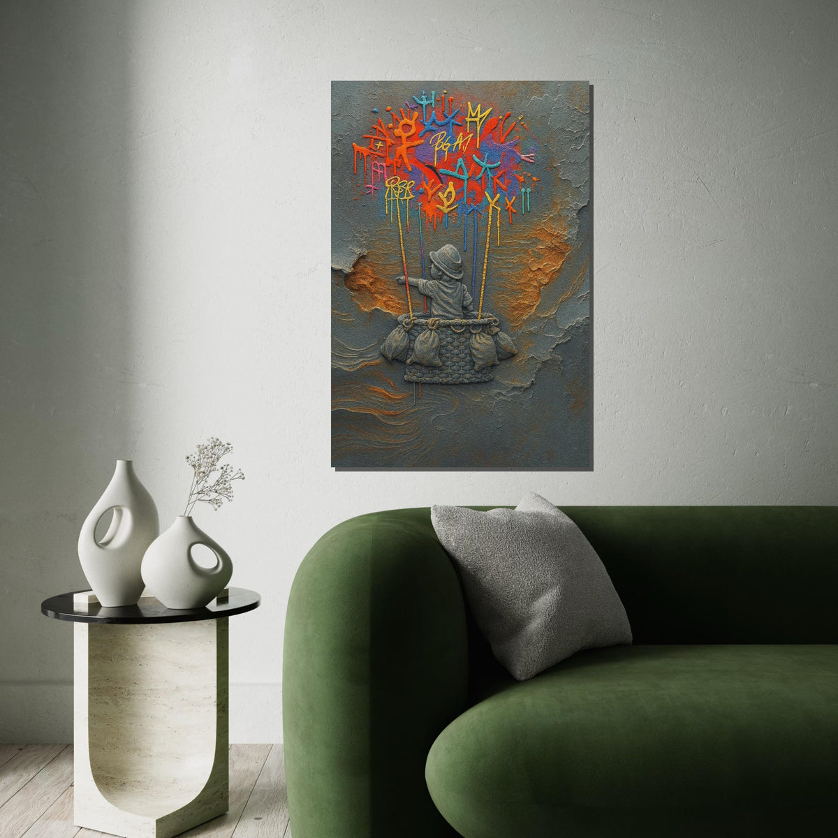 NEW STYLE, Dreamy Balloon Adventure Canvas, Child in Basket, Colorful Graffiti Art, Wall Art Canvas Design, Ready to Hang, Unique Home Decor