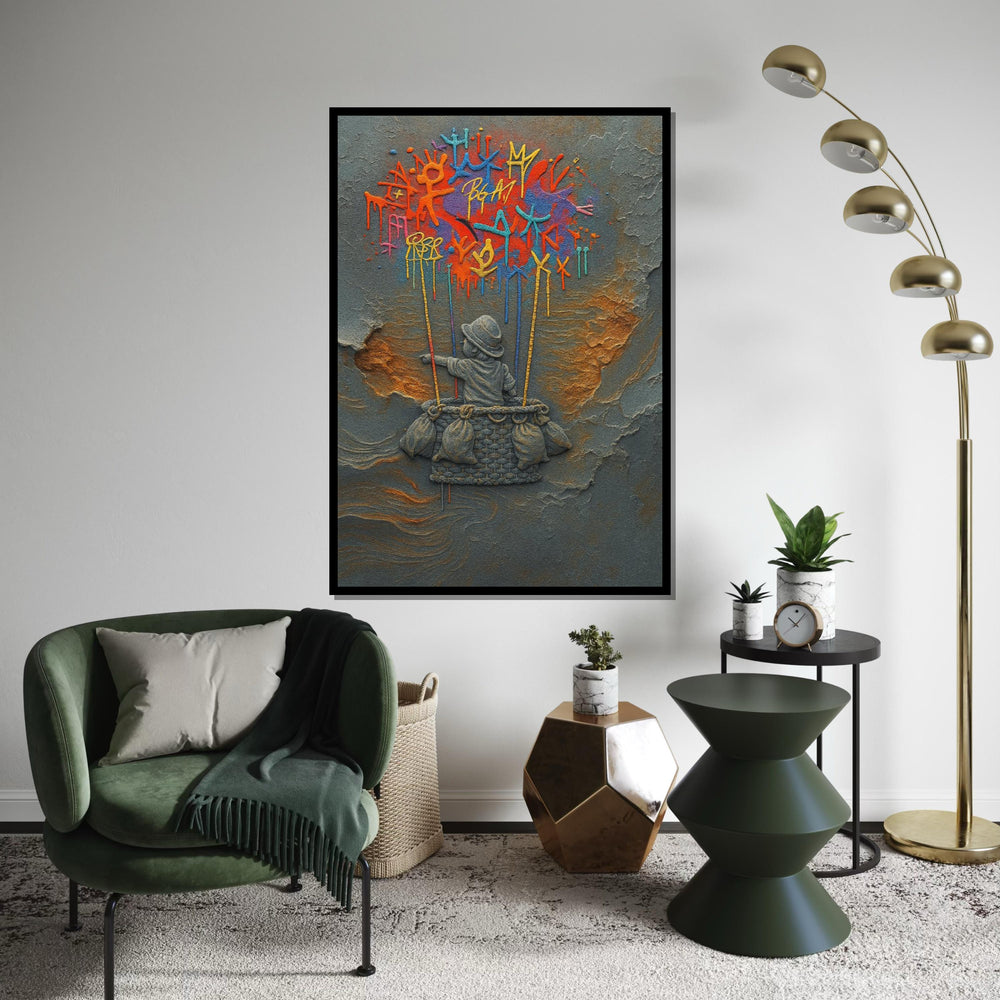 NEW STYLE, Dreamy Balloon Adventure Canvas, Child in Basket, Colorful Graffiti Art, Wall Art Canvas Design, Ready to Hang, Unique Home Decor