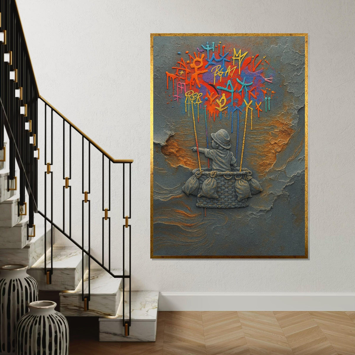 NEW STYLE, Dreamy Balloon Adventure Canvas, Child in Basket, Colorful Graffiti Art, Wall Art Canvas Design, Ready to Hang, Unique Home Decor