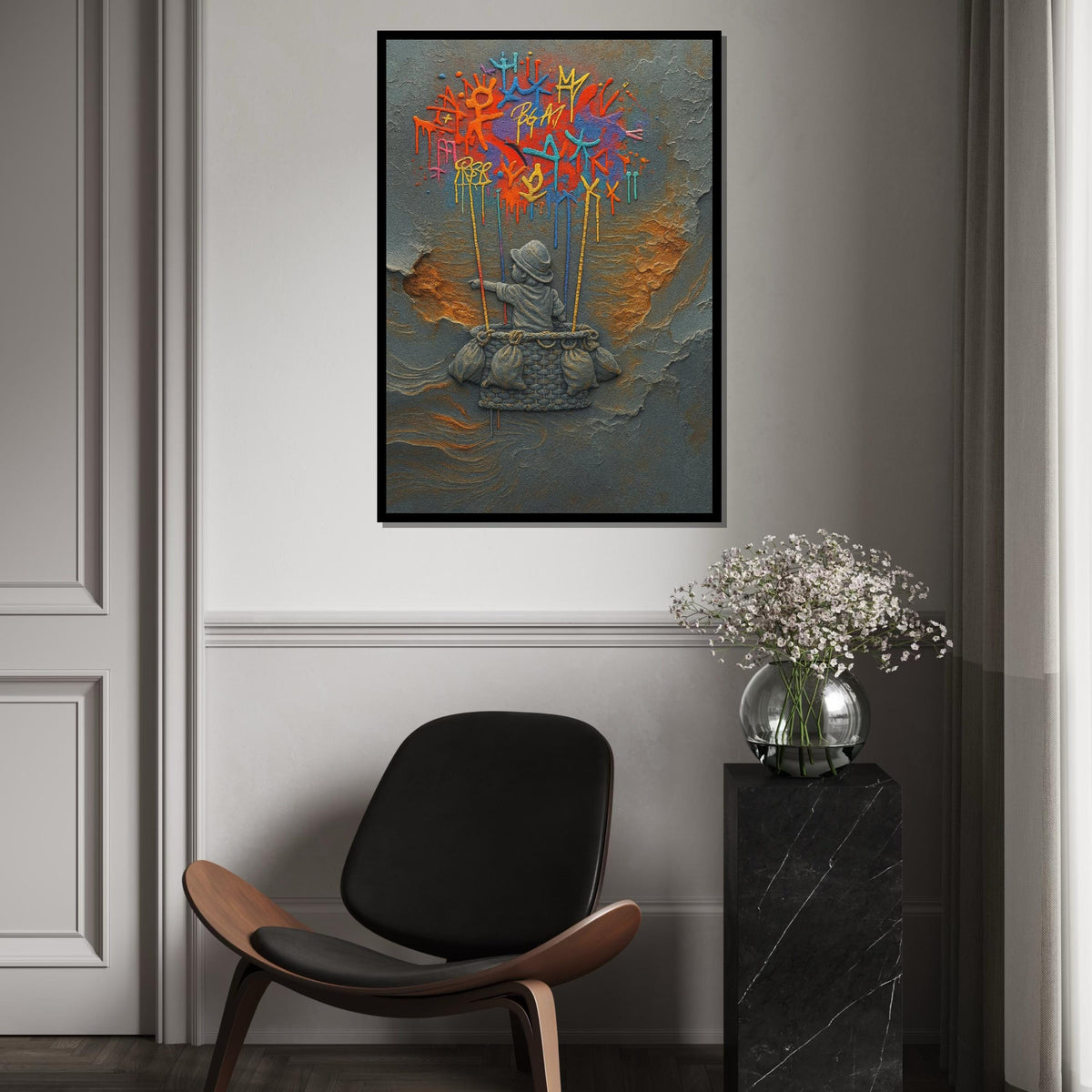 NEW STYLE, Dreamy Balloon Adventure Canvas, Child in Basket, Colorful Graffiti Art, Wall Art Canvas Design, Ready to Hang, Unique Home Decor