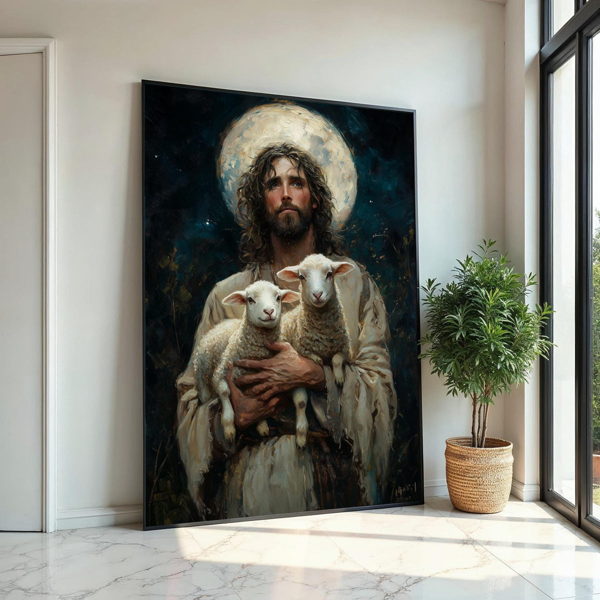 Shepherd with Lambs Canvas Art, Inspirational Wall Art, Jesus and Lambs Print, Christian Decor, Wall Art Canvas Design, Ready to Hang