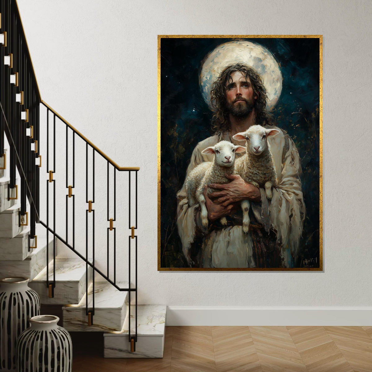 Shepherd with Lambs Canvas Art, Inspirational Wall Art, Jesus and Lambs Print, Christian Decor, Wall Art Canvas Design, Ready to Hang