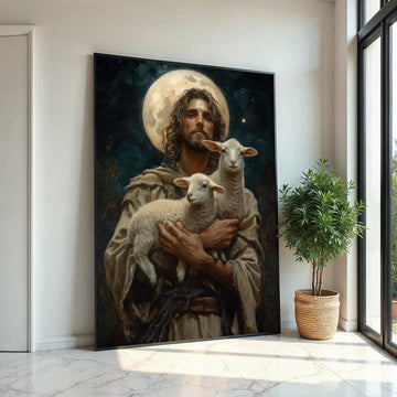 Shepherd of Light Canvas, Lambs in Arms, Celestial Art, Wall Art Canvas Design, Religious Decor, Ready To Hang Spiritual Canvas