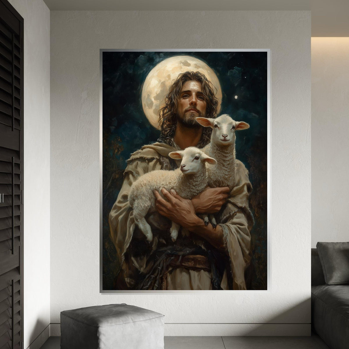 Shepherd of Light Canvas, Lambs in Arms, Celestial Art, Wall Art Canvas Design, Religious Decor, Ready To Hang Spiritual Canvas