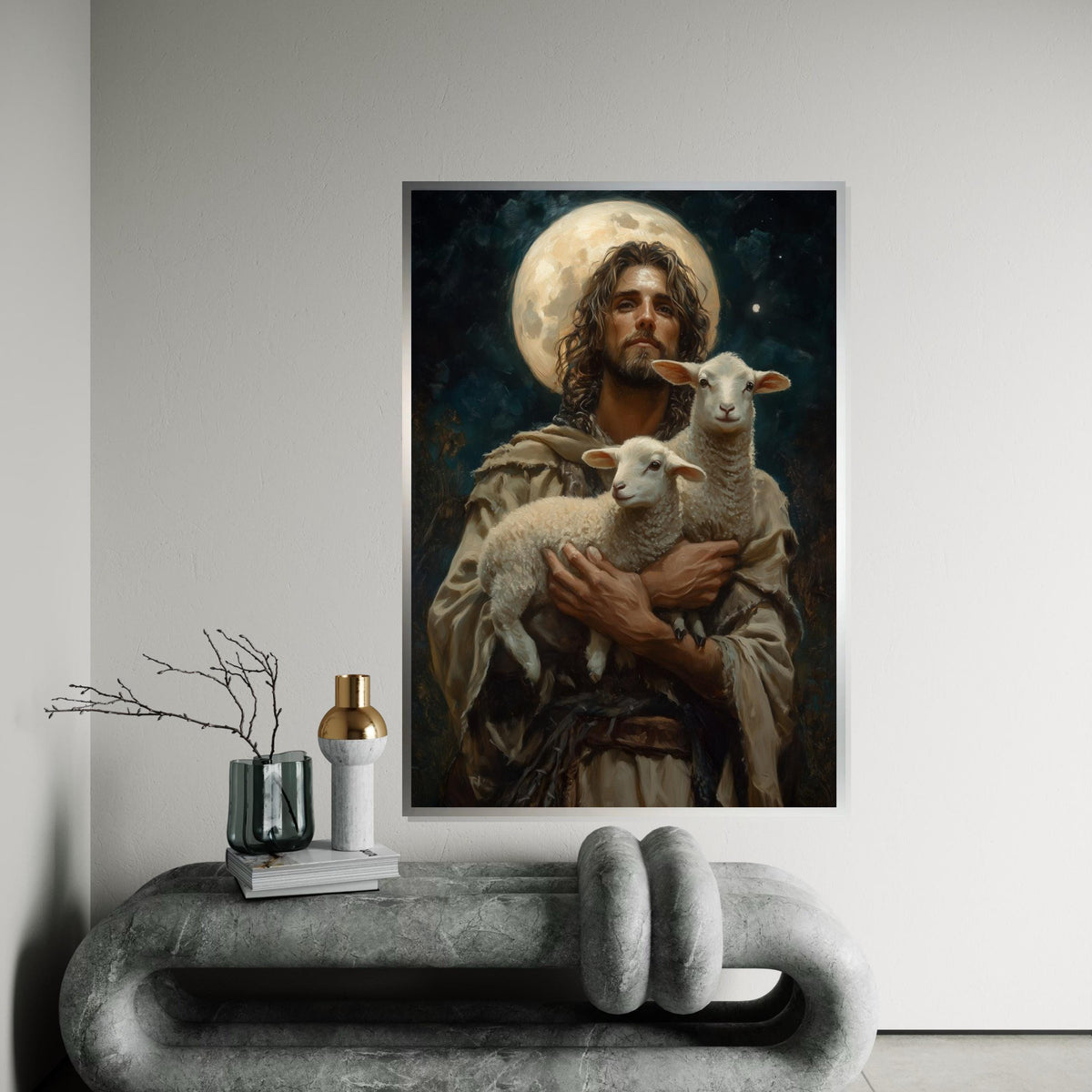 Shepherd of Light Canvas, Lambs in Arms, Celestial Art, Wall Art Canvas Design, Religious Decor, Ready To Hang Spiritual Canvas