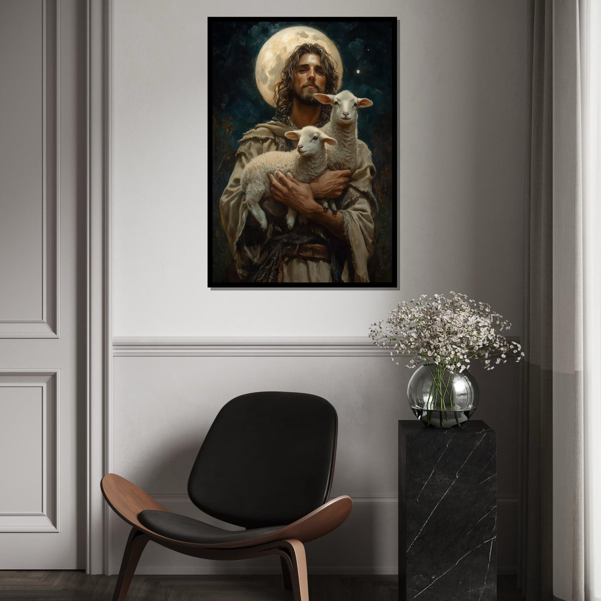 Shepherd of Light Canvas, Lambs in Arms, Celestial Art, Wall Art Canvas Design, Religious Decor, Ready To Hang Spiritual Canvas