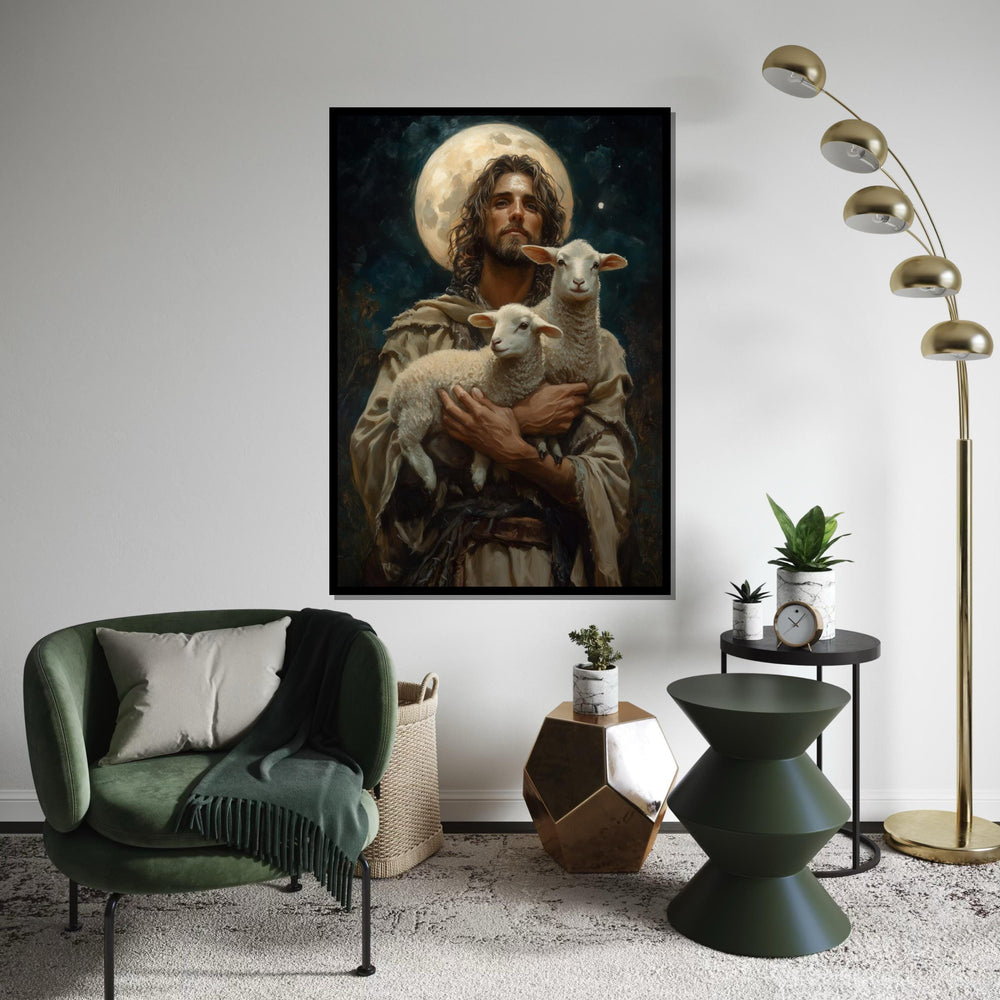 Shepherd of Light Canvas, Lambs in Arms, Celestial Art, Wall Art Canvas Design, Religious Decor, Ready To Hang Spiritual Canvas