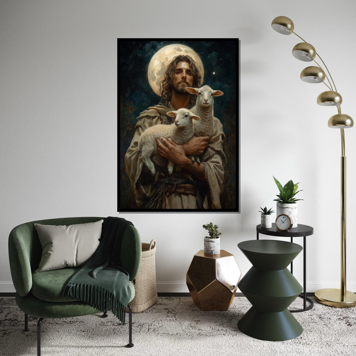 Shepherd of Light Canvas, Lambs in Arms, Celestial Art, Wall Art Canvas Design, Religious Decor, Ready To Hang Spiritual Canvas