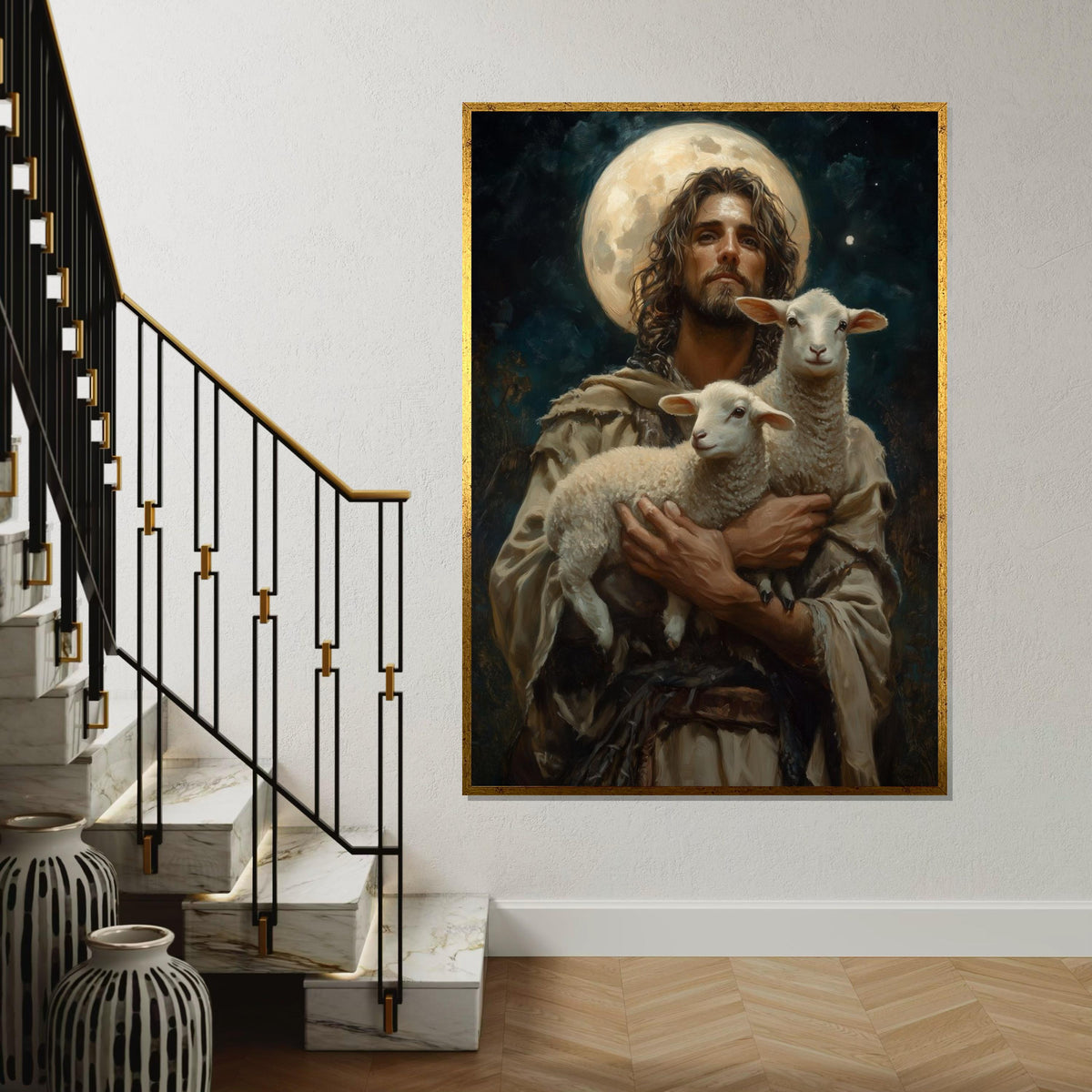 Shepherd of Light Canvas, Lambs in Arms, Celestial Art, Wall Art Canvas Design, Religious Decor, Ready To Hang Spiritual Canvas