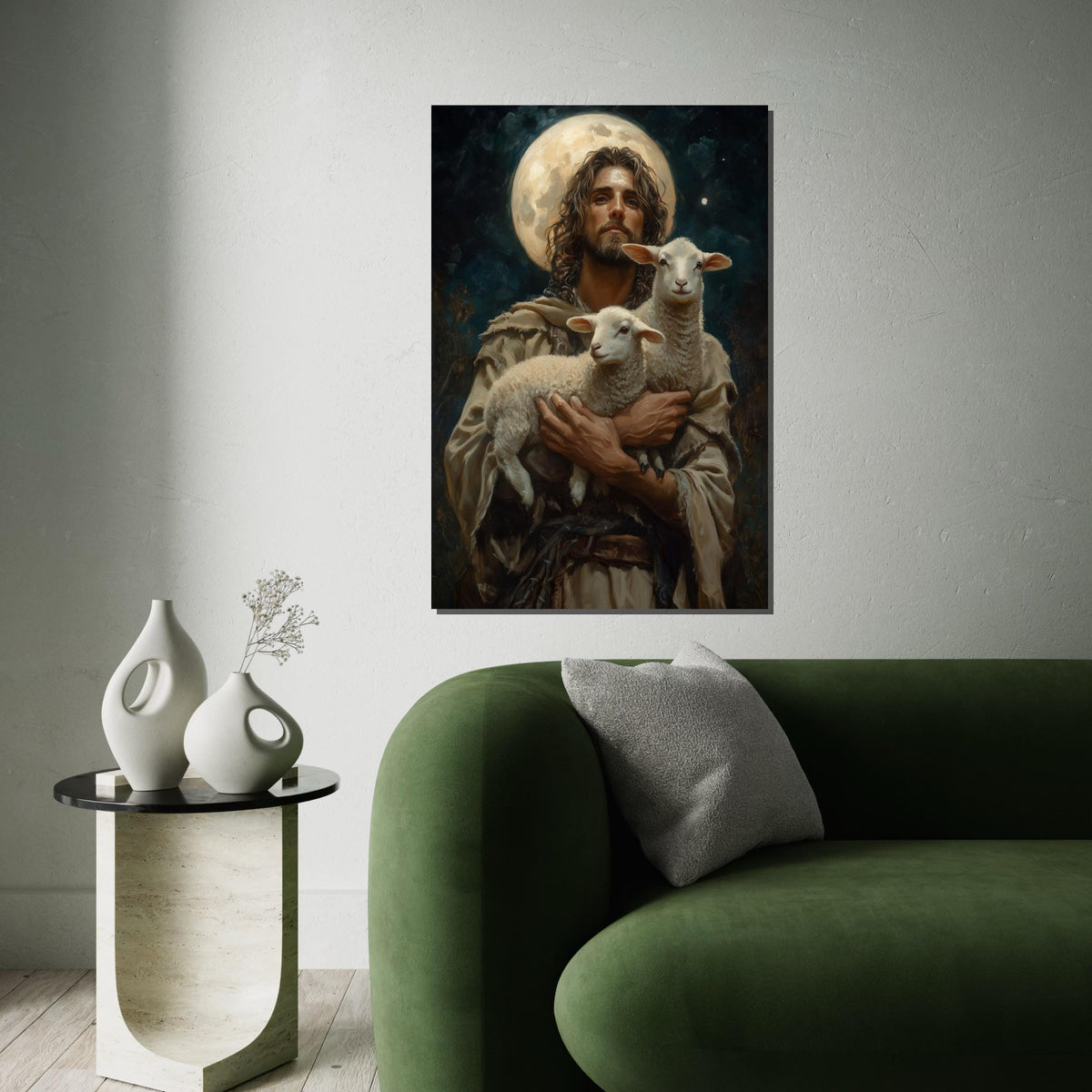 Shepherd of Light Canvas, Lambs in Arms, Celestial Art, Wall Art Canvas Design, Religious Decor, Ready To Hang Spiritual Canvas