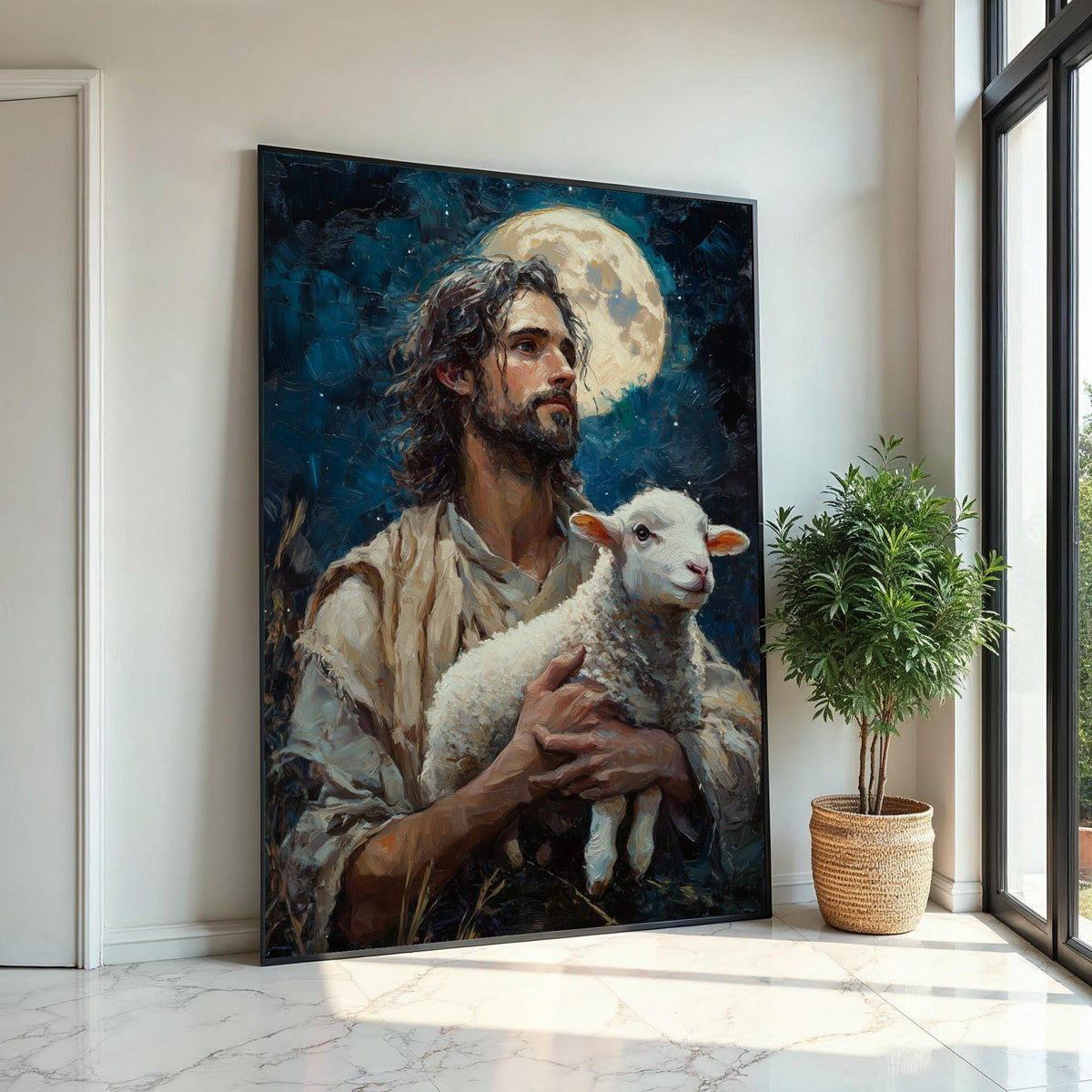 Shepherd Moon Canvas, Man with Lamb Art, Spiritual Wall Art, Inspired by Nature, Wall Art Canvas Design, Ready to Hang Decoration