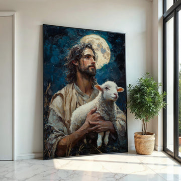 Shepherd Moon Canvas, Man with Lamb Art, Spiritual Wall Art, Inspired by Nature, Wall Art Canvas Design, Ready to Hang Decoration
