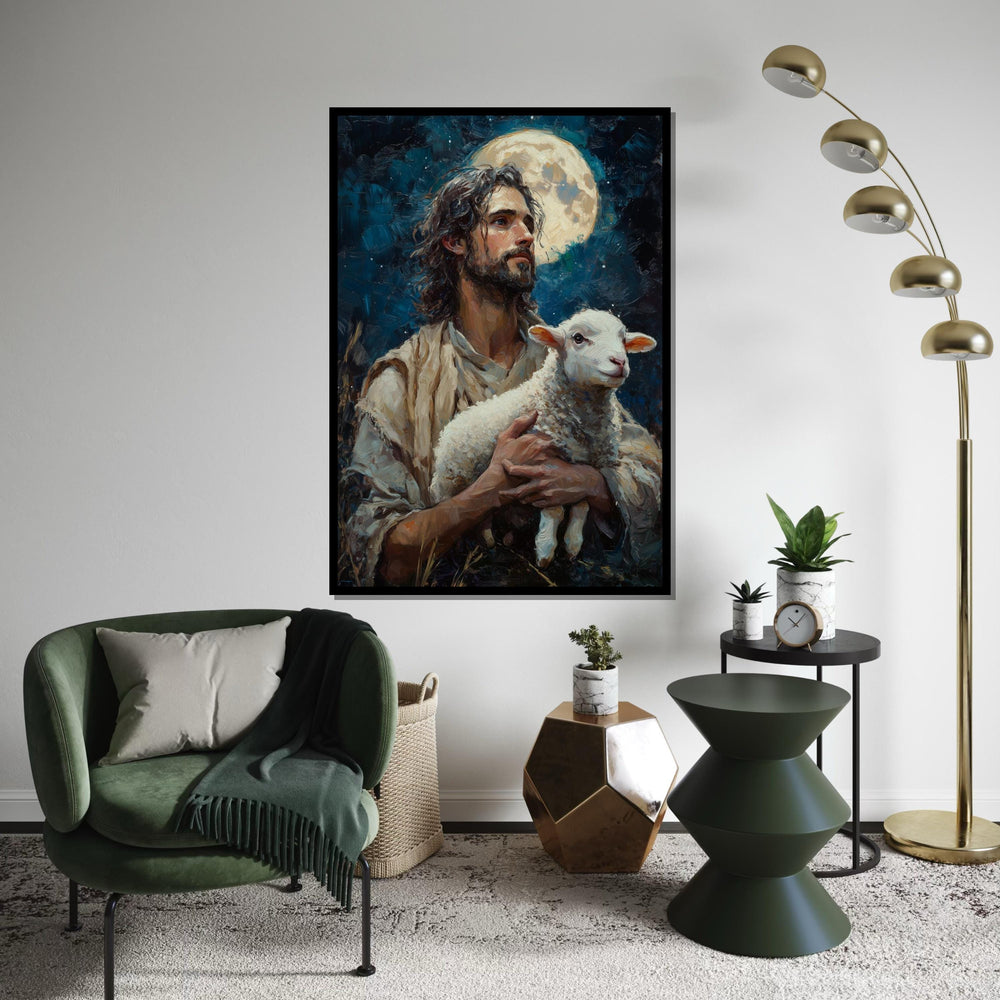 Shepherd Moon Canvas, Man with Lamb Art, Spiritual Wall Art, Inspired by Nature, Wall Art Canvas Design, Ready to Hang Decoration, Gift Art