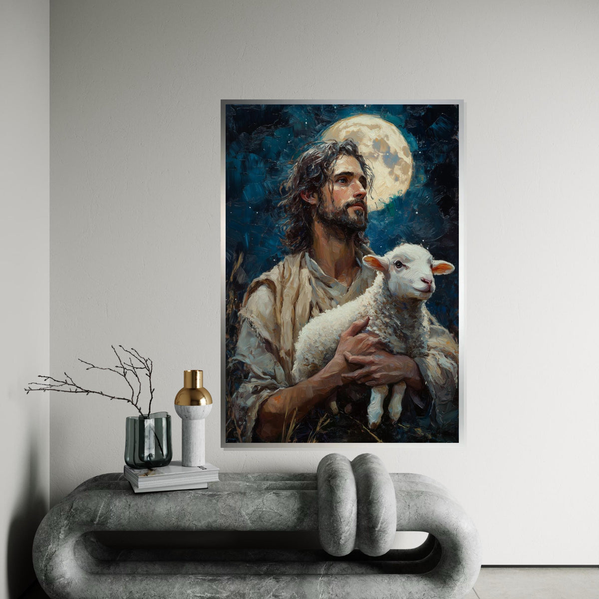Shepherd Moon Canvas, Man with Lamb Art, Spiritual Wall Art, Inspired by Nature, Wall Art Canvas Design, Ready to Hang Decoration
