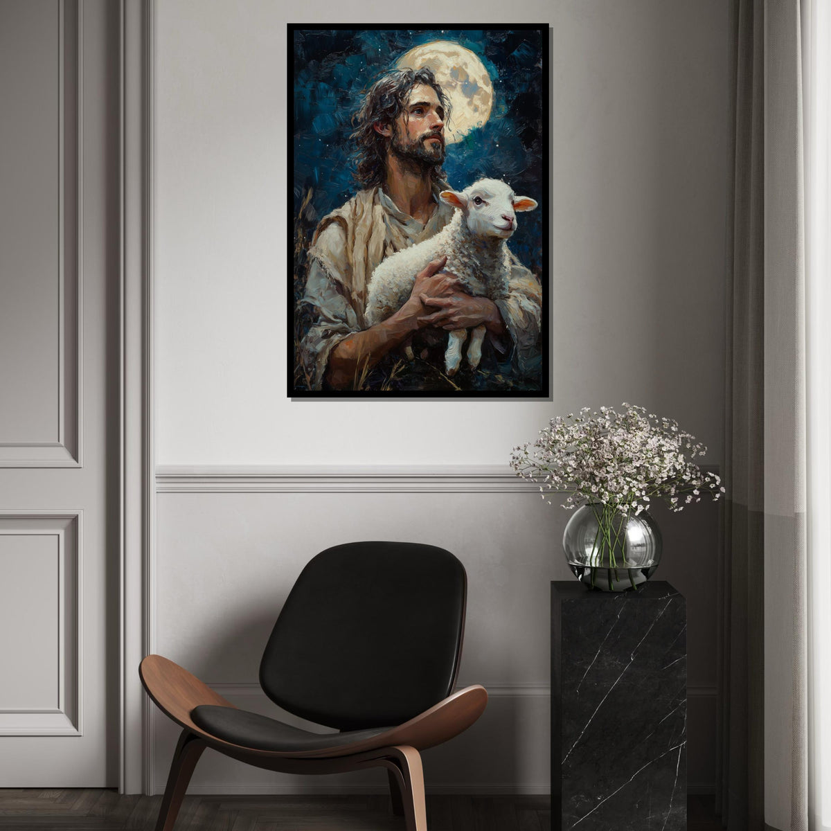 Shepherd Moon Canvas, Man with Lamb Art, Spiritual Wall Art, Inspired by Nature, Wall Art Canvas Design, Ready to Hang Decoration