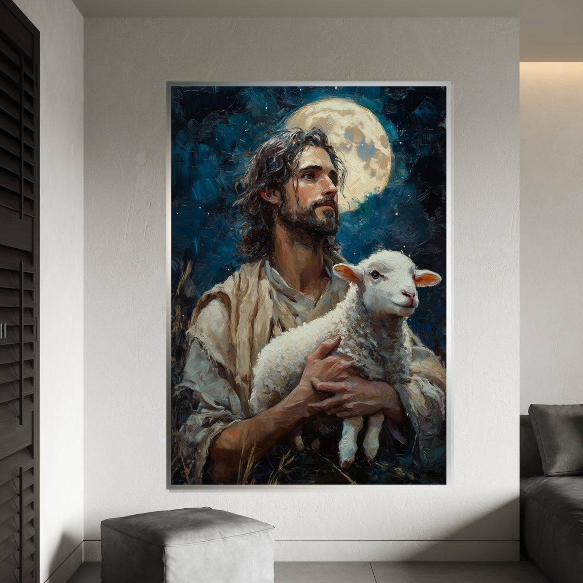 Shepherd Moon Canvas, Man with Lamb Art, Spiritual Wall Art, Inspired by Nature, Wall Art Canvas Design, Ready to Hang Decoration