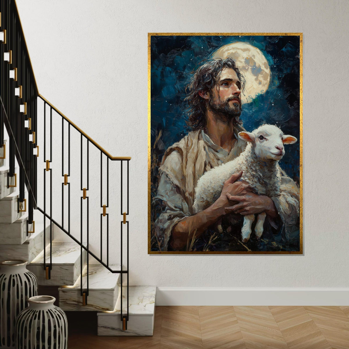 Shepherd Moon Canvas, Man with Lamb Art, Spiritual Wall Art, Inspired by Nature, Wall Art Canvas Design, Ready to Hang Decoration