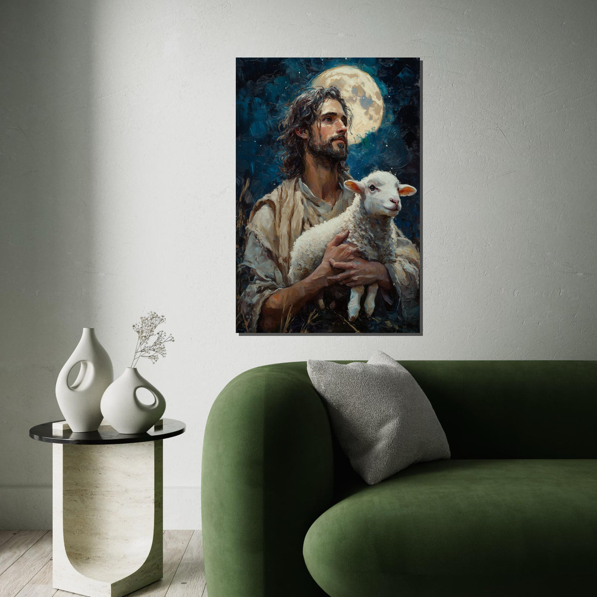 Shepherd Moon Canvas, Man with Lamb Art, Spiritual Wall Art, Inspired by Nature, Wall Art Canvas Design, Ready to Hang Decoration