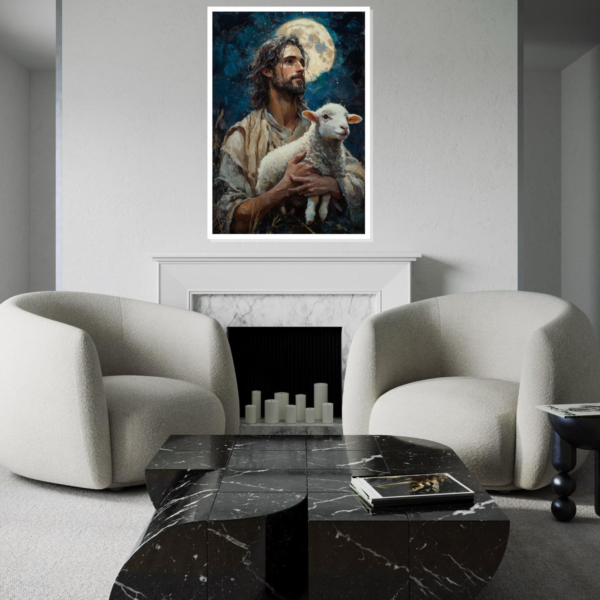 Shepherd Moon Canvas, Man with Lamb Art, Spiritual Wall Art, Inspired by Nature, Wall Art Canvas Design, Ready to Hang Decoration