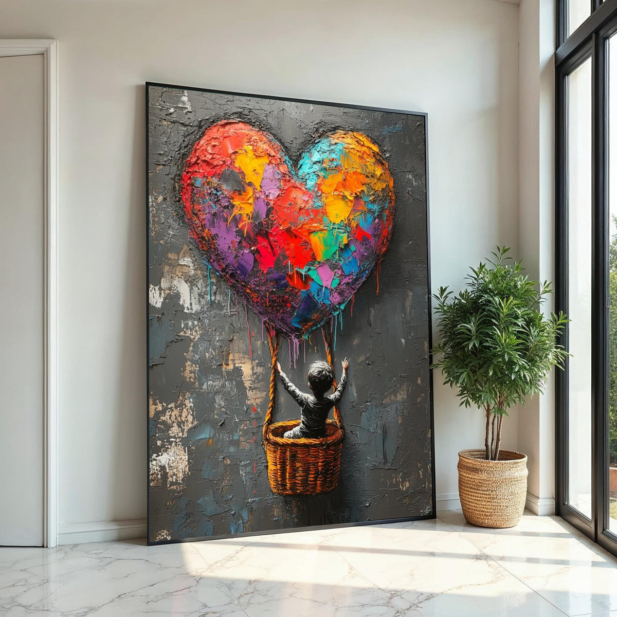 Colorful Heart Balloon Canvas, Graffiti Art, Child in Basket, Multicolor Heart Art, Wall Art Canvas Design, Ready To Hang Decoration