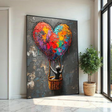 Colorful Heart Balloon Canvas, Graffiti Art, Child in Basket, Multicolor Heart Art, Wall Art Canvas Design, Ready To Hang Decoration