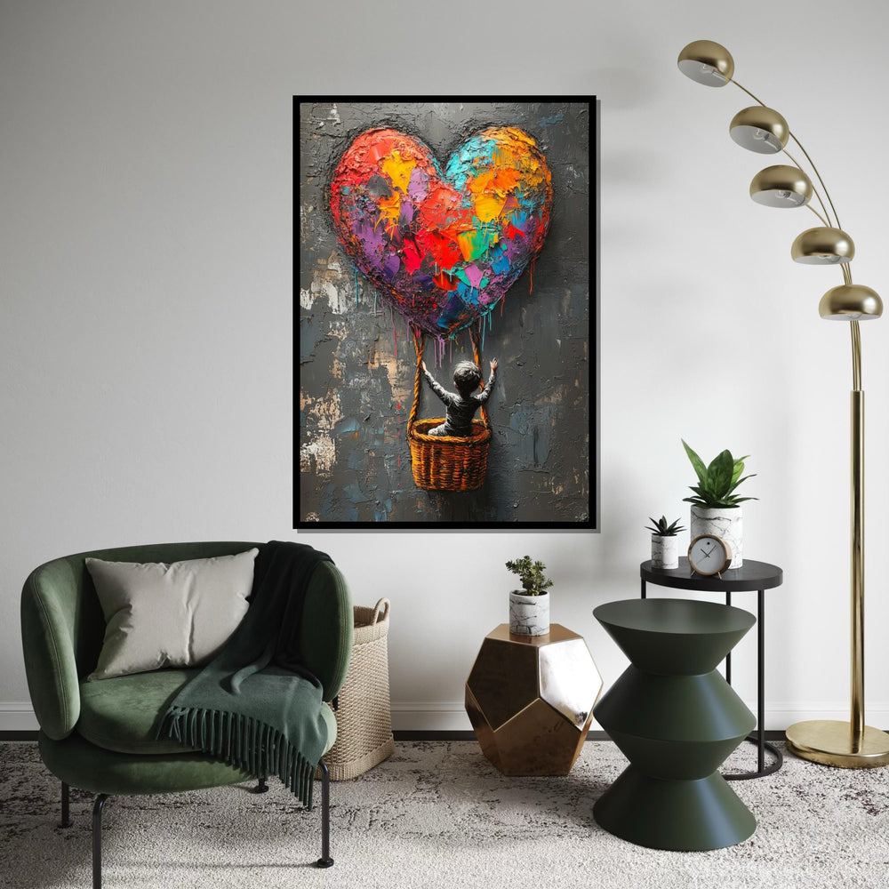 Colorful Heart Balloon Canvas, Graffiti Art, Child in Basket, Multicolor Heart Art,Wall Art Canvas Design, Ready To Hang Decoration,Gift Art