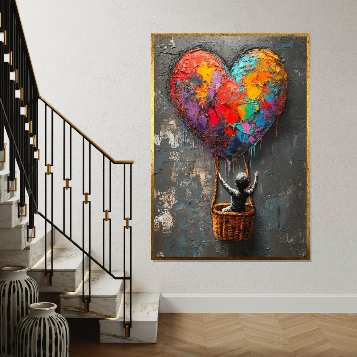 Colorful Heart Balloon Canvas, Graffiti Art, Child in Basket, Multicolor Heart Art, Wall Art Canvas Design, Ready To Hang Decoration