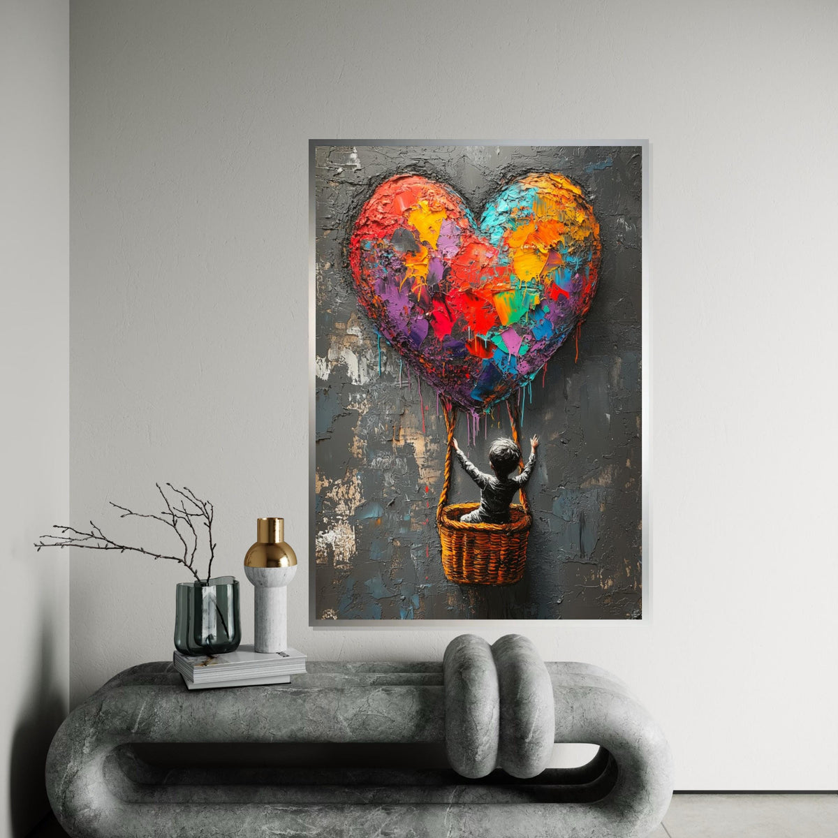 Colorful Heart Balloon Canvas, Graffiti Art, Child in Basket, Multicolor Heart Art, Wall Art Canvas Design, Ready To Hang Decoration