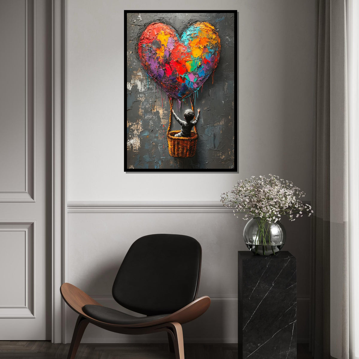 Colorful Heart Balloon Canvas, Graffiti Art, Child in Basket, Multicolor Heart Art, Wall Art Canvas Design, Ready To Hang Decoration