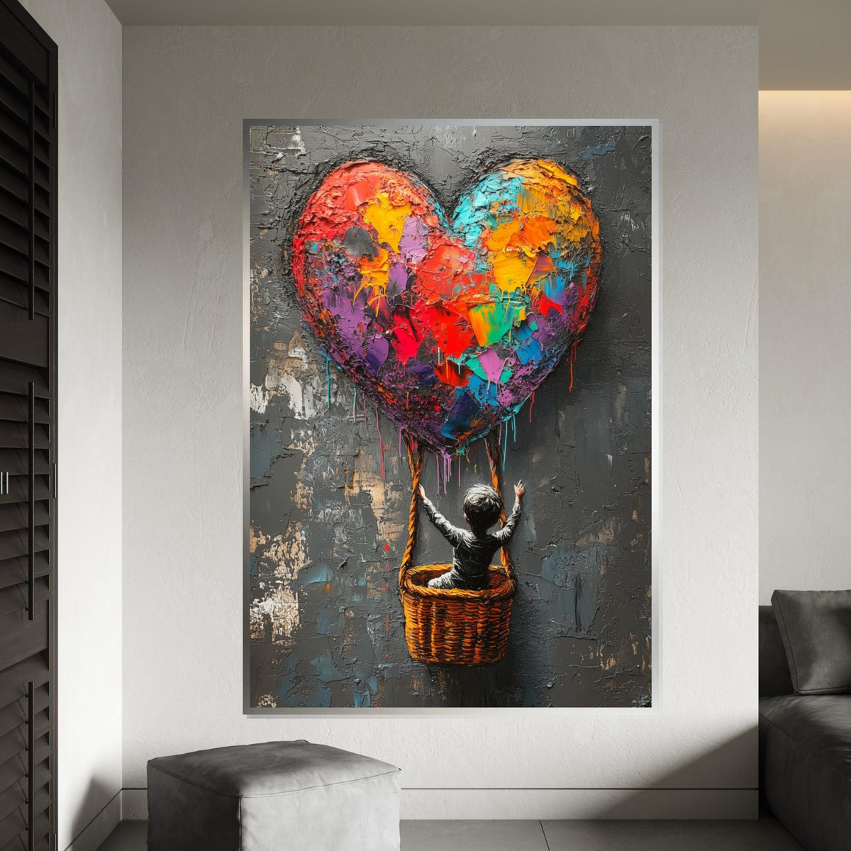 Colorful Heart Balloon Canvas, Graffiti Art, Child in Basket, Multicolor Heart Art, Wall Art Canvas Design, Ready To Hang Decoration