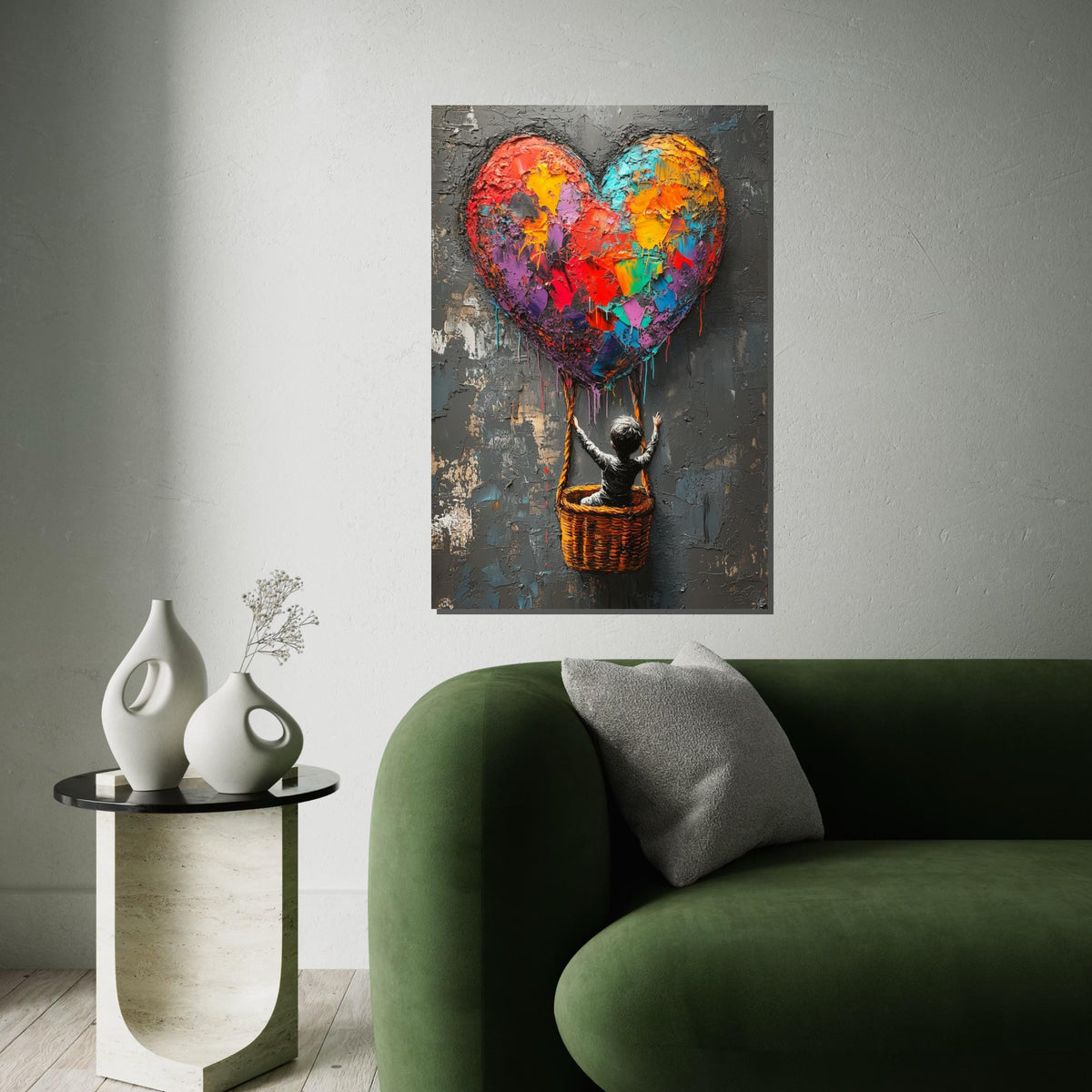 Colorful Heart Balloon Canvas, Graffiti Art, Child in Basket, Multicolor Heart Art, Wall Art Canvas Design, Ready To Hang Decoration
