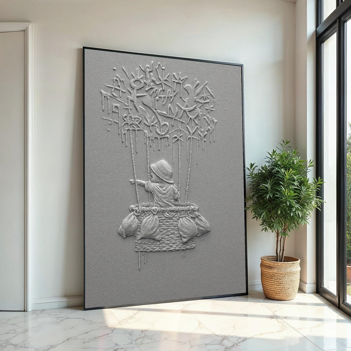 NEW STYLE, Child in Hot Air Balloon Canvas, Graffiti Style, Adventure Art, Wall Art Canvas Design, Ready to Hang Decoration