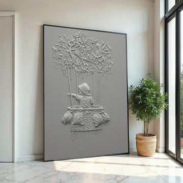 NEW STYLE, Child in Hot Air Balloon Canvas, Graffiti Style, Adventure Art, Wall Art Canvas Design, Ready to Hang Decoration