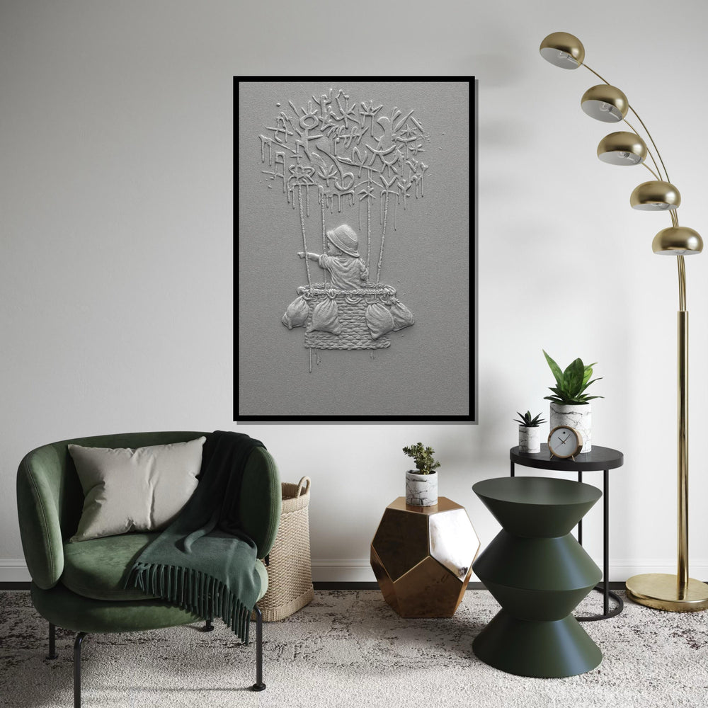 NEW STYLE, Child in Hot Air Balloon Canvas, Graffiti Style, Adventure Art, Wall Art Canvas Design, Ready to Hang Decoration, Gift Art