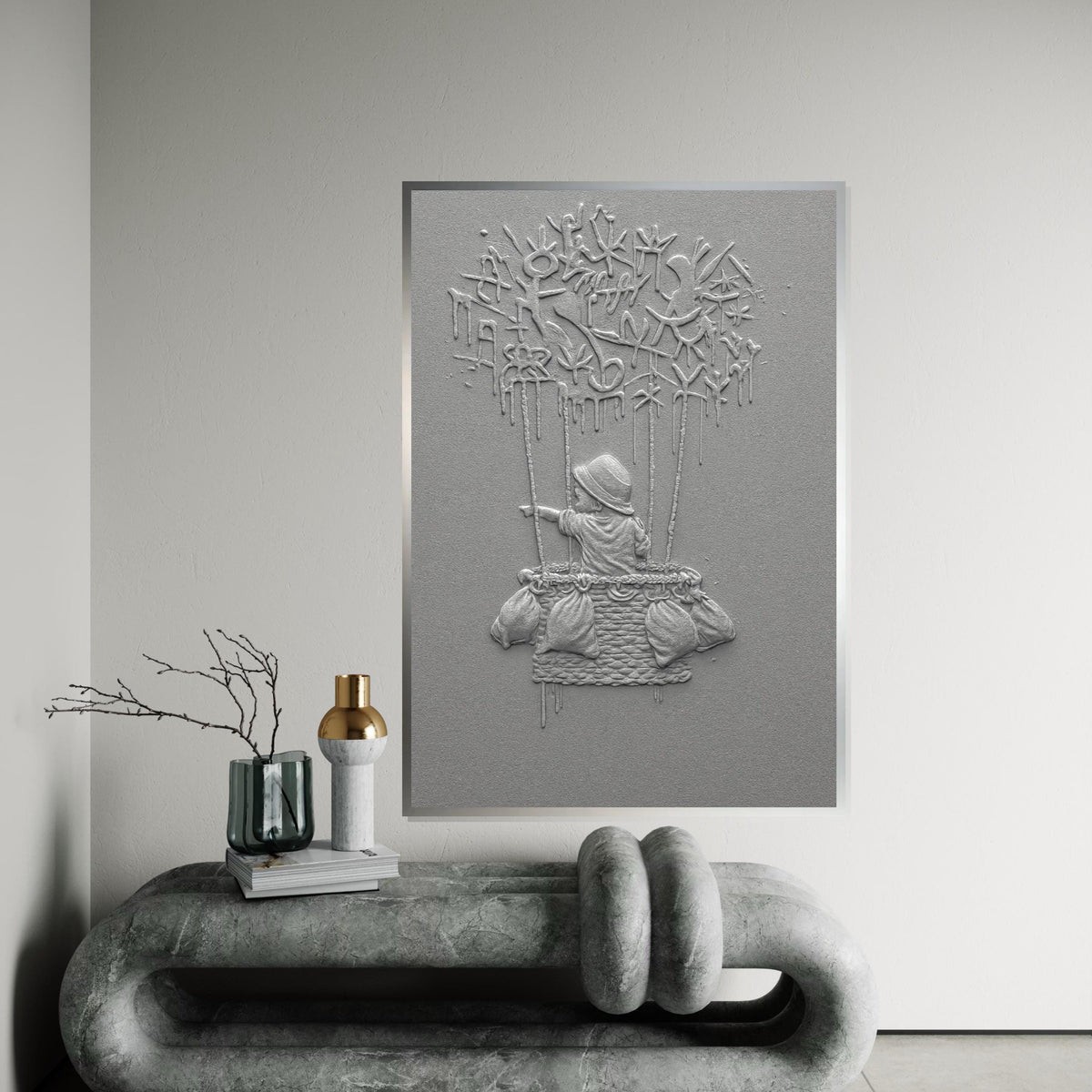 NEW STYLE, Child in Hot Air Balloon Canvas, Graffiti Style, Adventure Art, Wall Art Canvas Design, Ready to Hang Decoration