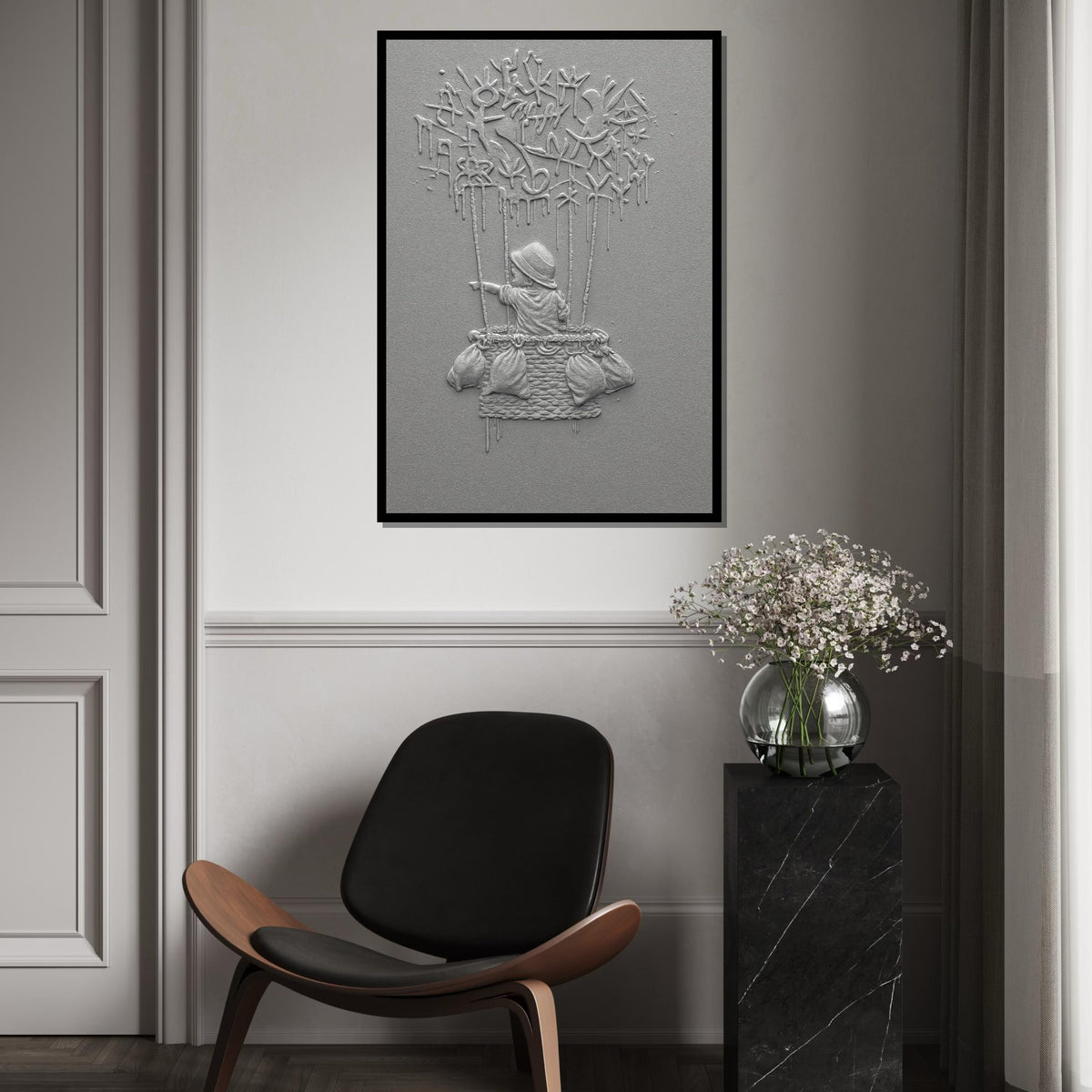 NEW STYLE, Child in Hot Air Balloon Canvas, Graffiti Style, Adventure Art, Wall Art Canvas Design, Ready to Hang Decoration