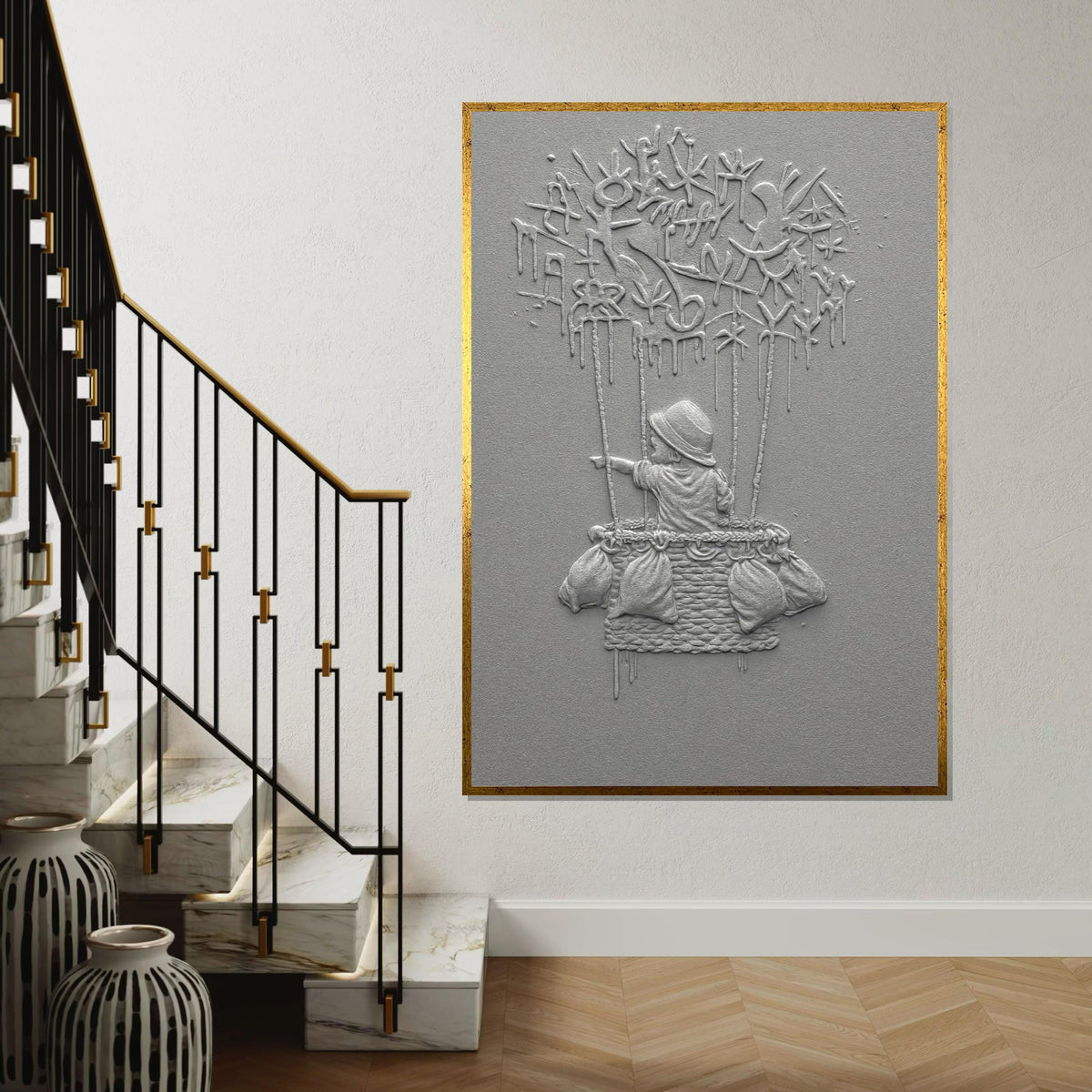 NEW STYLE, Child in Hot Air Balloon Canvas, Graffiti Style, Adventure Art, Wall Art Canvas Design, Ready to Hang Decoration
