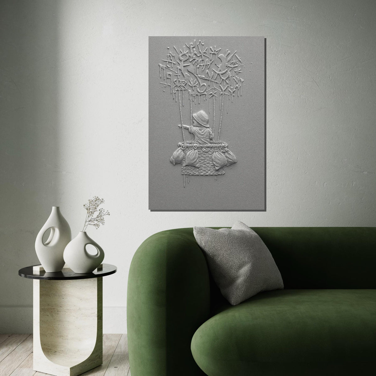NEW STYLE, Child in Hot Air Balloon Canvas, Graffiti Style, Adventure Art, Wall Art Canvas Design, Ready to Hang Decoration