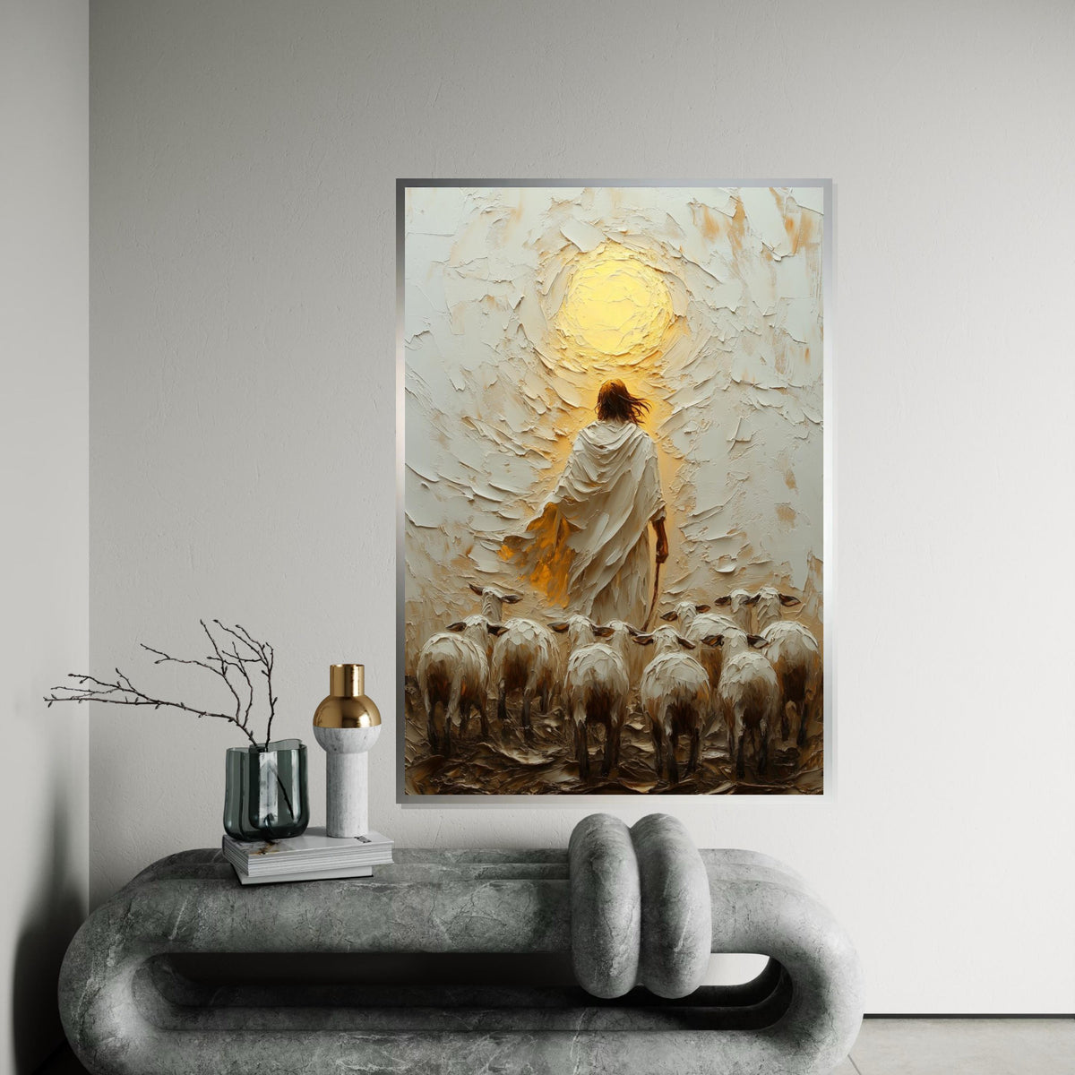 Shepherd Leading Flock Canvas, Jesus Art, Religious Wall Art, Divine Light Oil Painting, Inspirational Canvas Design, Ready to Hang