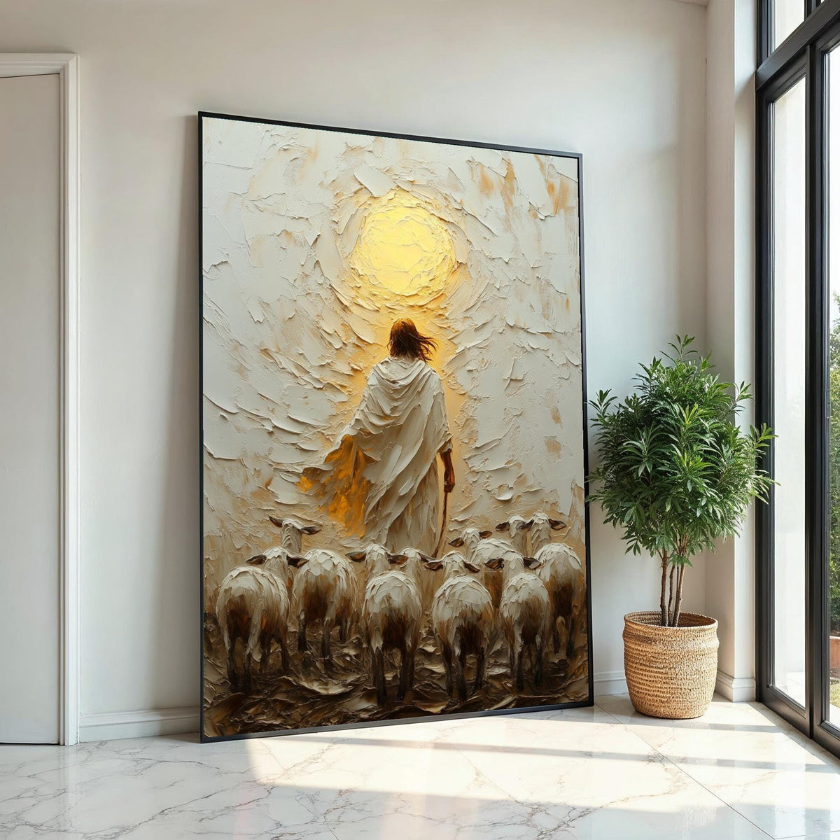 Shepherd Leading Flock Canvas, Jesus Art, Religious Wall Art, Divine Light Oil Painting, Inspirational Canvas Design, Ready to Hang
